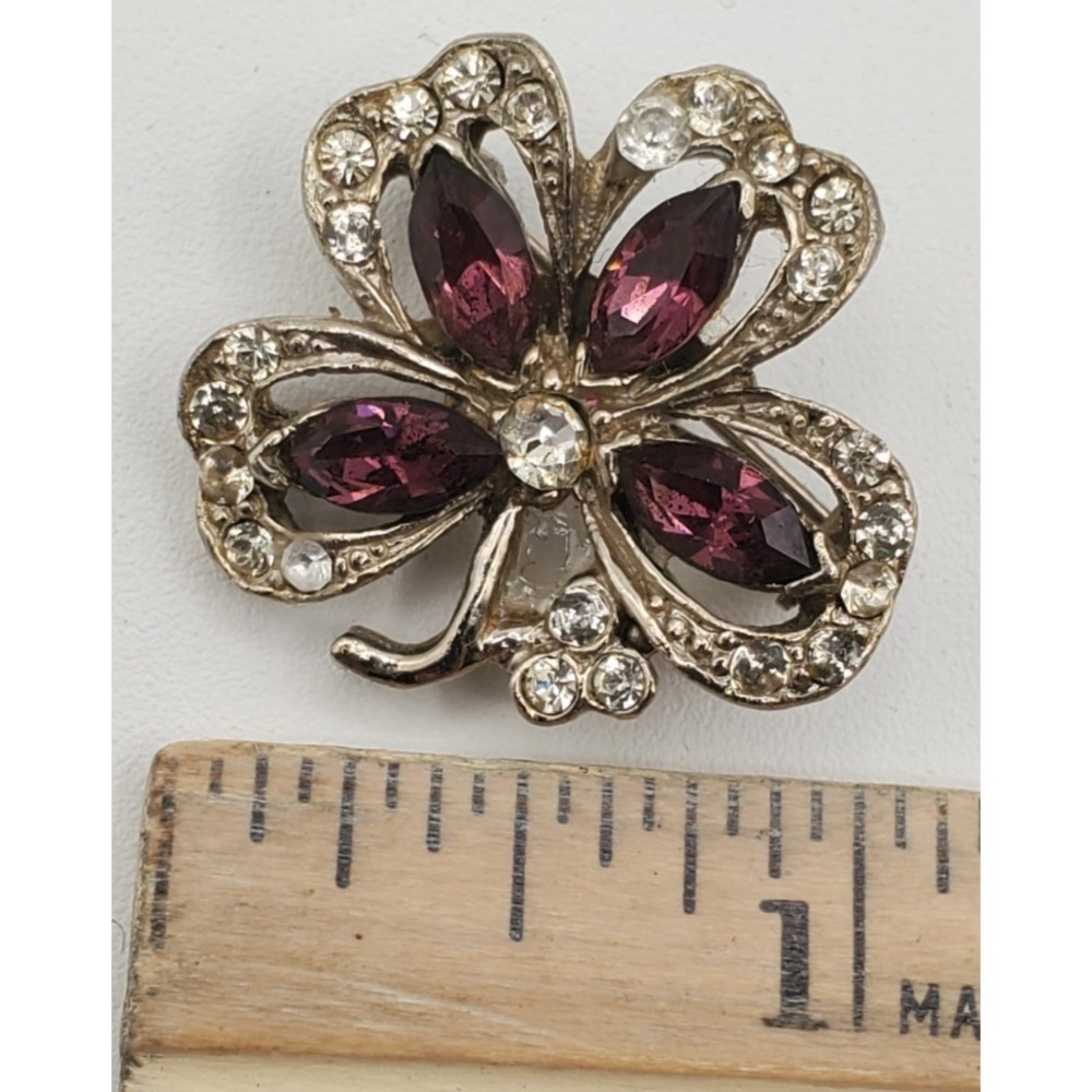 Vtg Silver Tone Purple Rhinestones 4 Leaf Clover Brooch - Picture 4 of 5